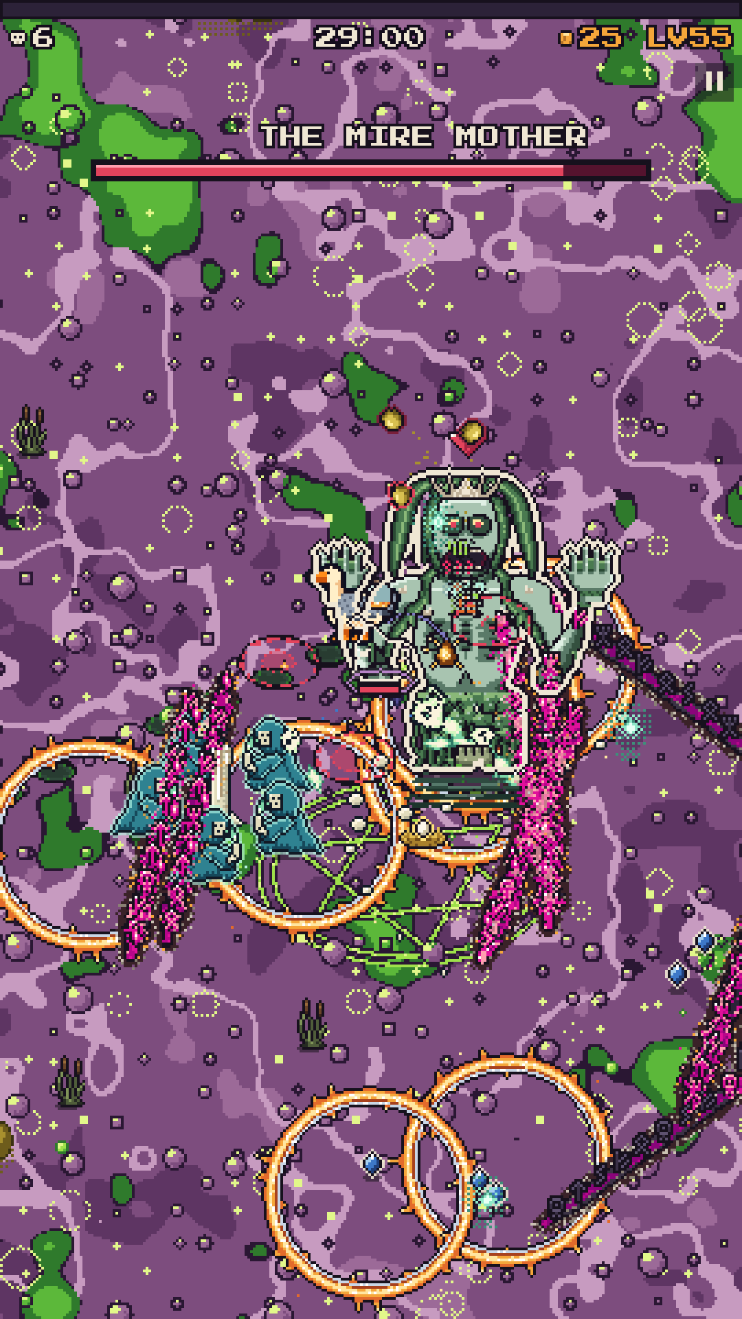 A boss fight on a phone: a giant foe looms over the hero and a crowd of monsters.