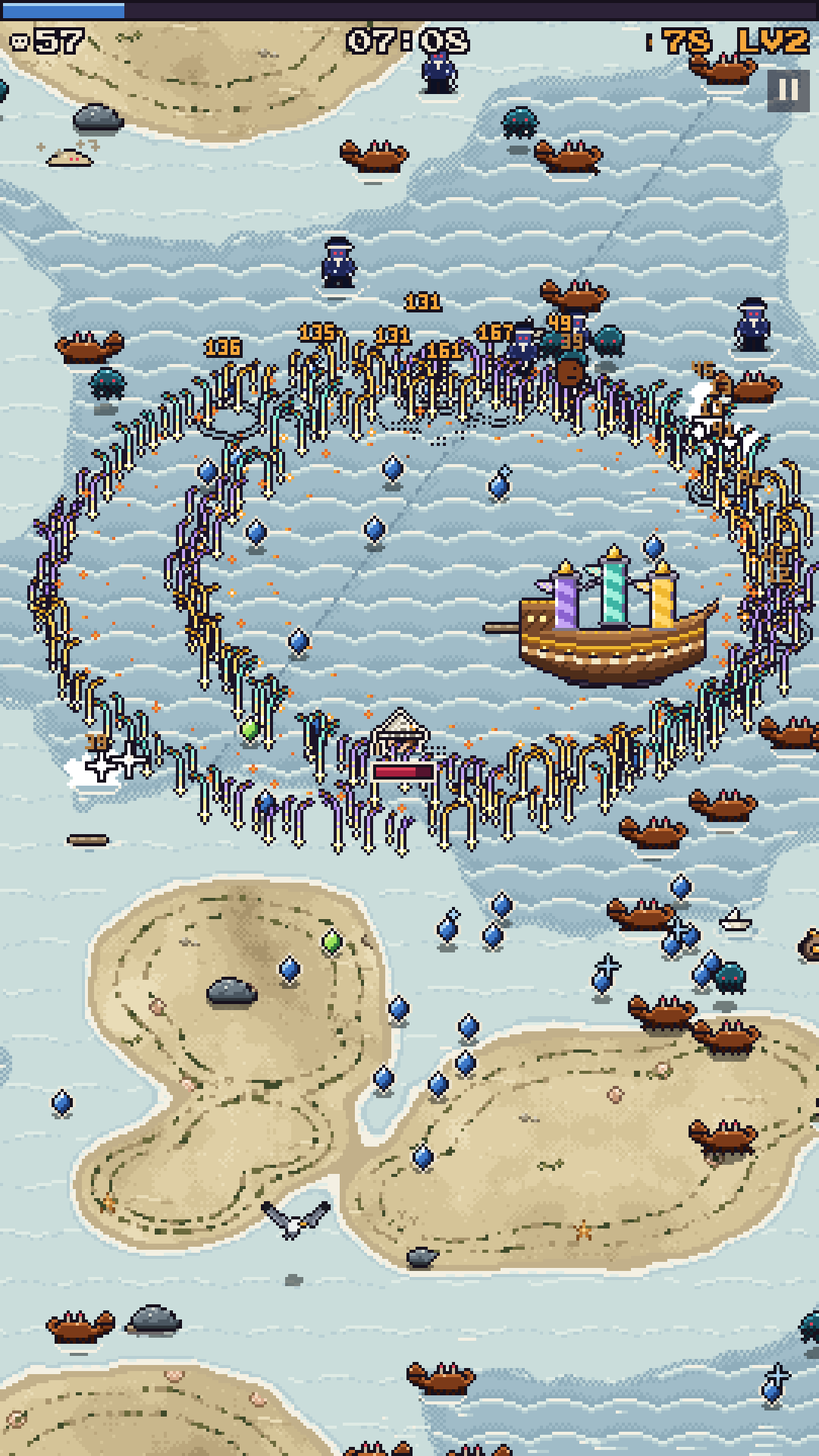 The Firework Armada at sea: a flagship rides inside a hoop of falling firework shells.