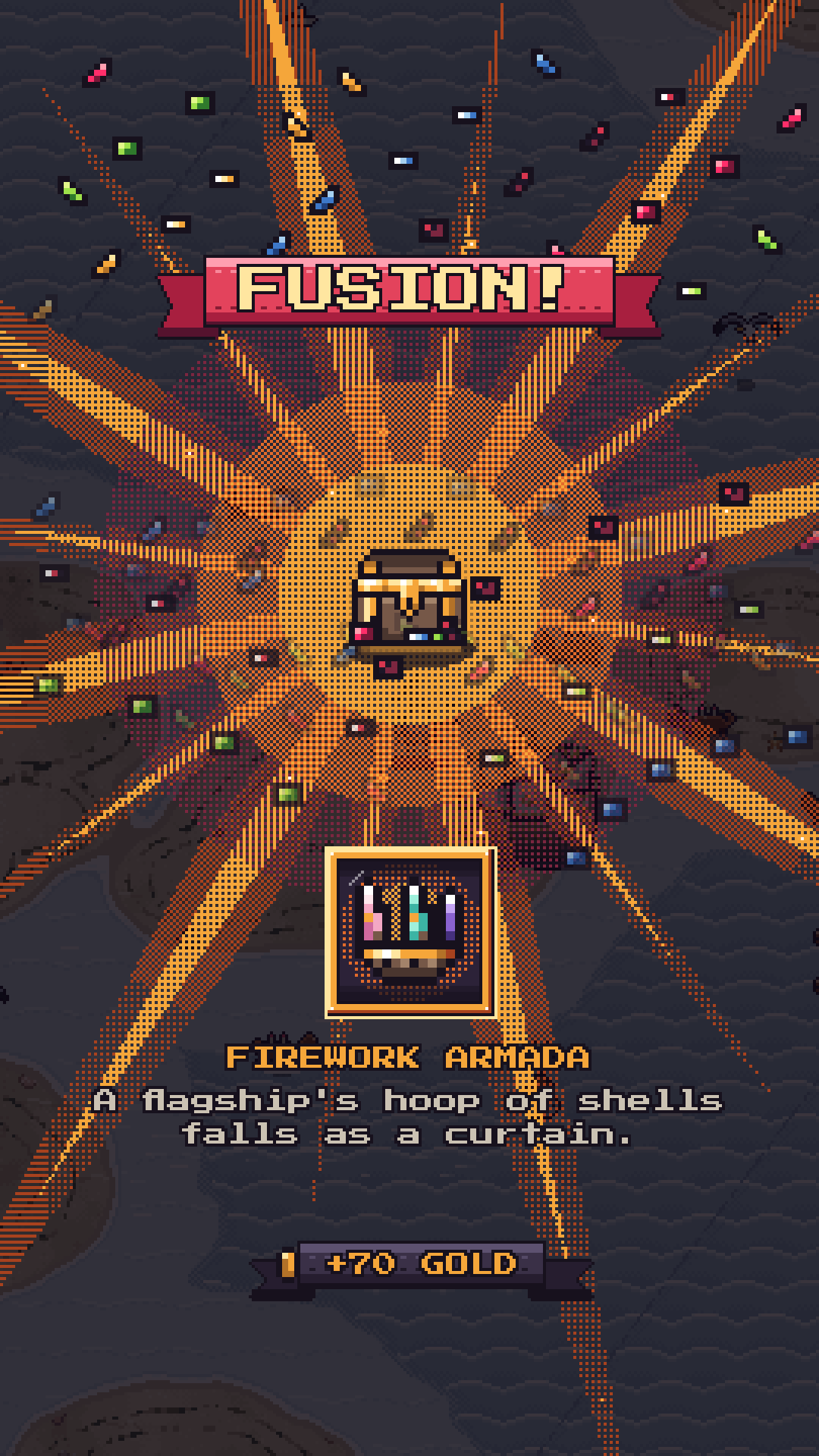 A treasure chest bursts open in rays of light: Fusion! A boat and fireworks become the Firework Armada.