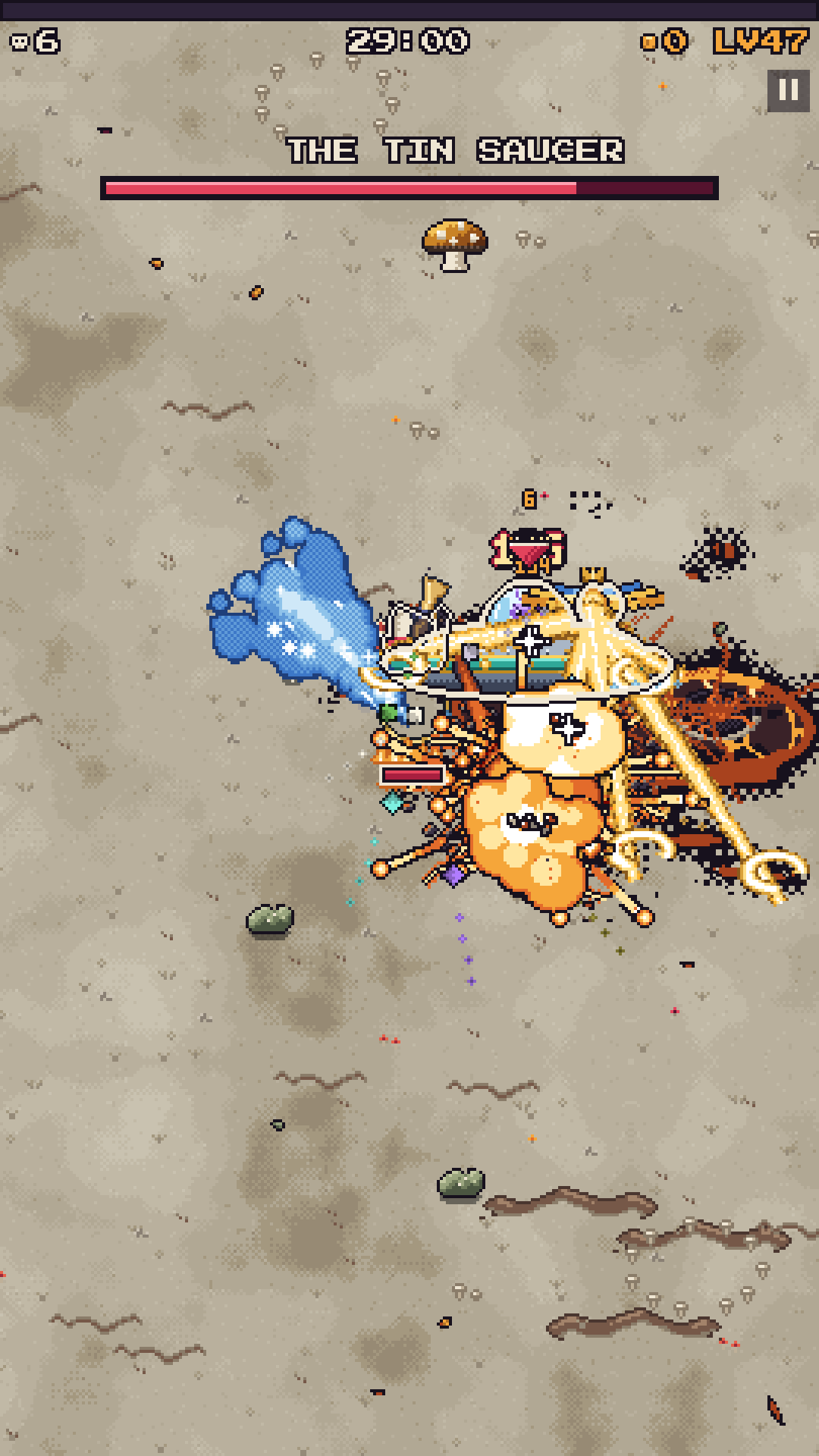 The Tin Saucer, a flying-saucer boss, sprays blue jets while the hero's weapons explode around it.