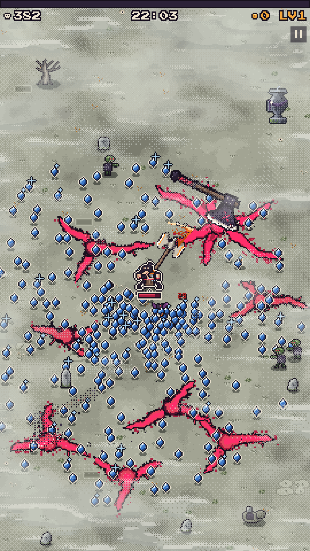 The Headsman's ultimate: giant axes rain down and burst into red stars across a crowd that is already falling.